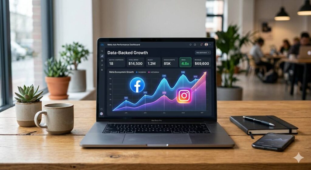 Meta Ads performance dashboard mockup on a laptop showing data-backed growth, Facebook, and Instagram ROAS tracking for Ads by Haneesh.