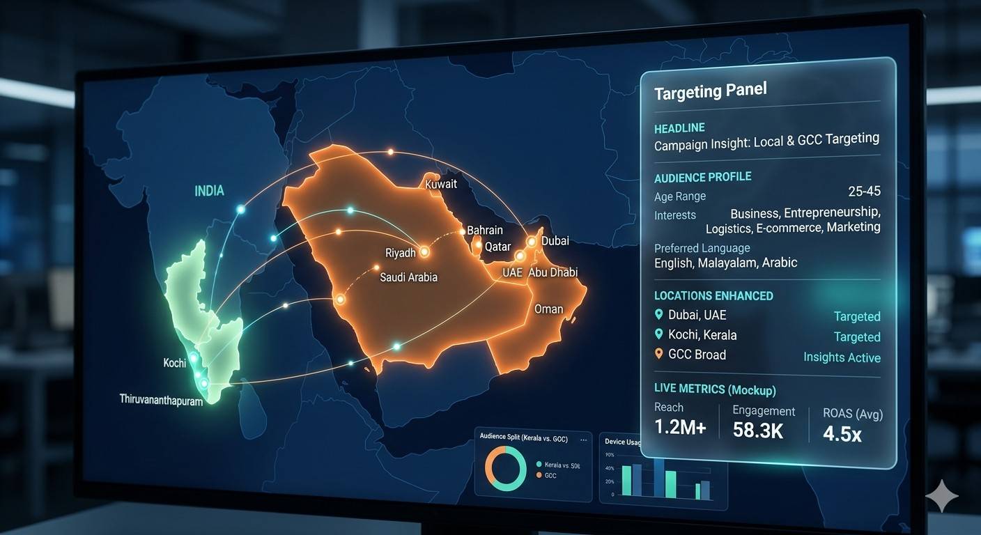 Digital ad targeting map showing interconnected campaign metrics between Kerala and GCC regions like Dubai, UAE and Kochi, India for Ads by Haneesh.