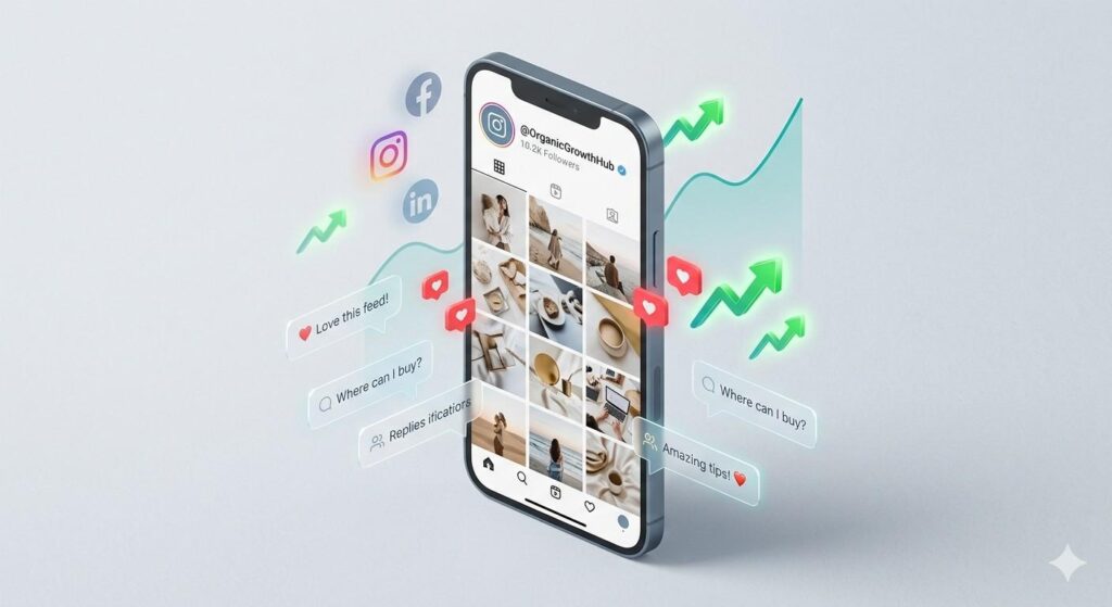 Isometric smartphone mockup showing organic social media growth tracking, Instagram feed strategy, and cross-platform campaign analytics for Ads by Haneesh