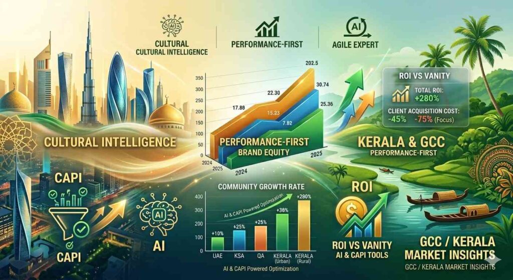 A marketing strategy infographic bridging GCC and Kerala markets, featuring performance metrics, data optimization charts, and AI tools for Ads by Haneesh