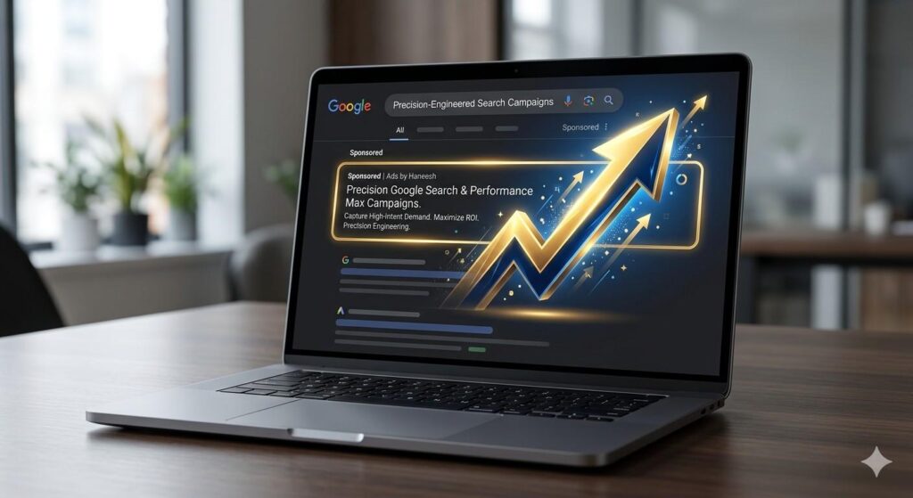 Google Ads search engine results mockup on a laptop showing a highlighted sponsored ad block and a rising 3D gold revenue growth arrow for Ads by Haneesh.