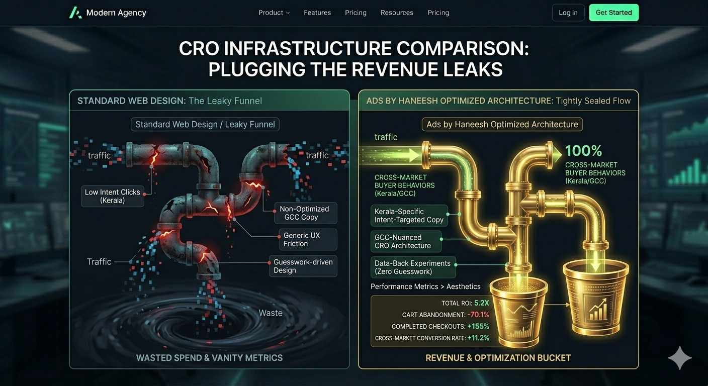 CRO infrastructure comparison infographic showcasing a leaky funnel on a standard website versus an Ads by Haneesh optimized architecture directing high-intent Kerala and GCC traffic into conversion revenue buckets